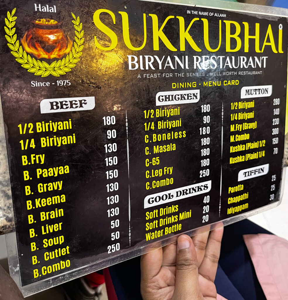 Sukkubhai’s menu chart in chennai