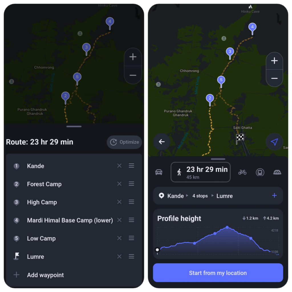 using map me app for mardi himal trek route